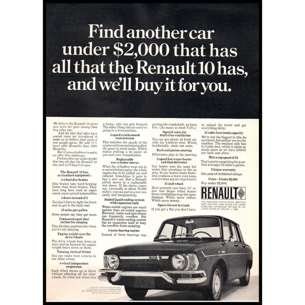 1968 Renault 10 4 Door Sedan Vintage Print Ad Front End Grill Man Cave Wall Art